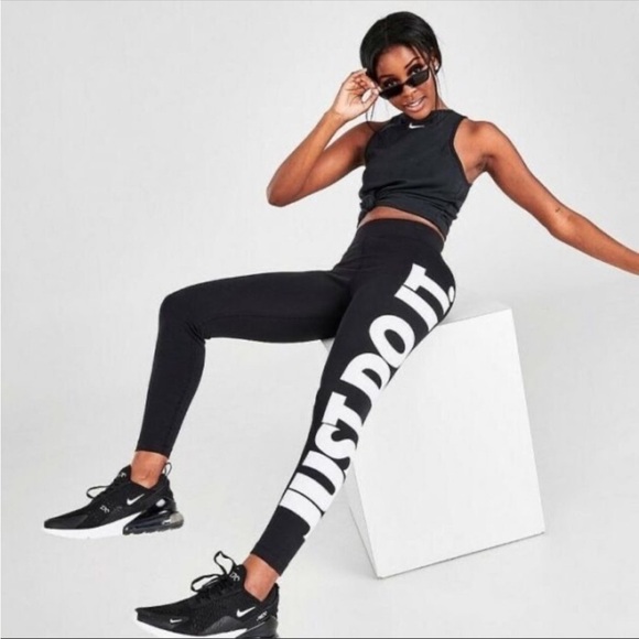 Nike Essentials High Rise Graphic Leggings Spellout Just Do It Black Size XS - Picture 1 of 11